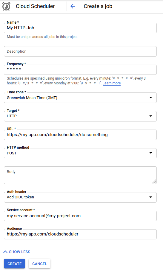 Screenshot: create HTTP job with Cloud Scheduler